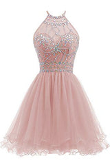 Beaded Halter Homecoming Dress, Short Tulle Dress