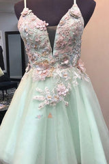 Mint Green Short Homecoming Dress, With Flowers Mini Tulle Graduation Dress, With Pearls