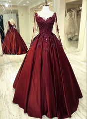 Burgundy Wedding Dresses, Long Sleeves Prom Dress