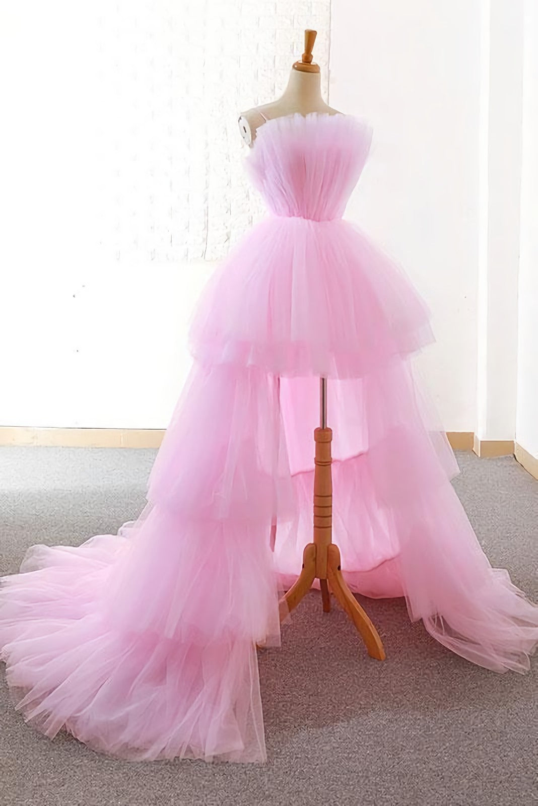 Pink Tulle Long Prom Dress, Pink Tulle Evening Dress