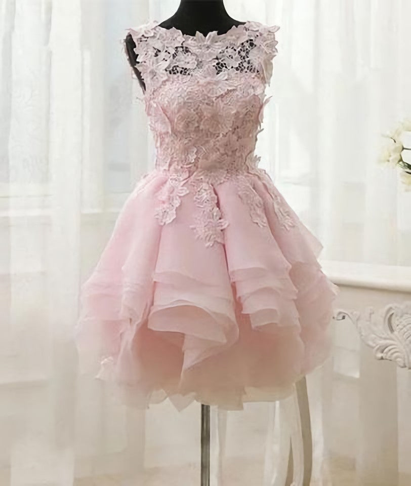 Pink Appliques Organza Tiered Short Homecoming Dress, Simple Homecoming Dresses