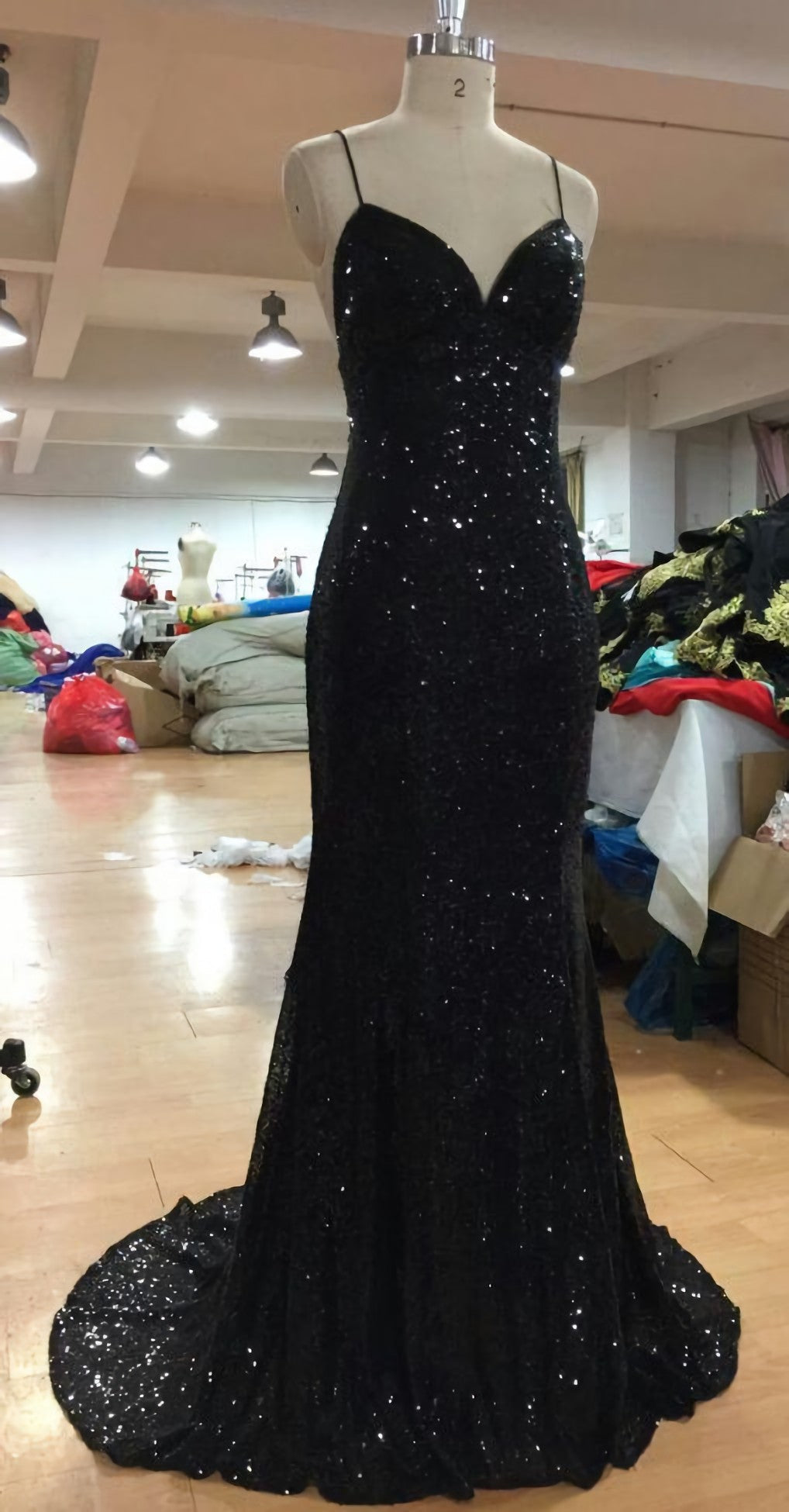 V Neckline Criss Cross Backless Bling Bling Mermaid Prom Dress, Black Sequins Evening Dresses