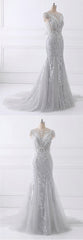 Spring Gray Tulle Long Mermaid Prom Dress, Beaded Lace Evening Gown