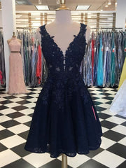 Dark Navy Lace Beading Sleeveless Illusion Homecoming Dresses