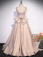 Champagne A-Line Satin Long Prom Dress, Champagne Formal Evening Dress