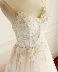 Champagne Long A-line Sweetheart Tulle Spaghetti Sweep Train Wedding Dress