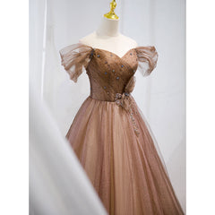 Champagne Off Shoulder Beaded A-line Tulle Long Party Dress, Long Evening Gown