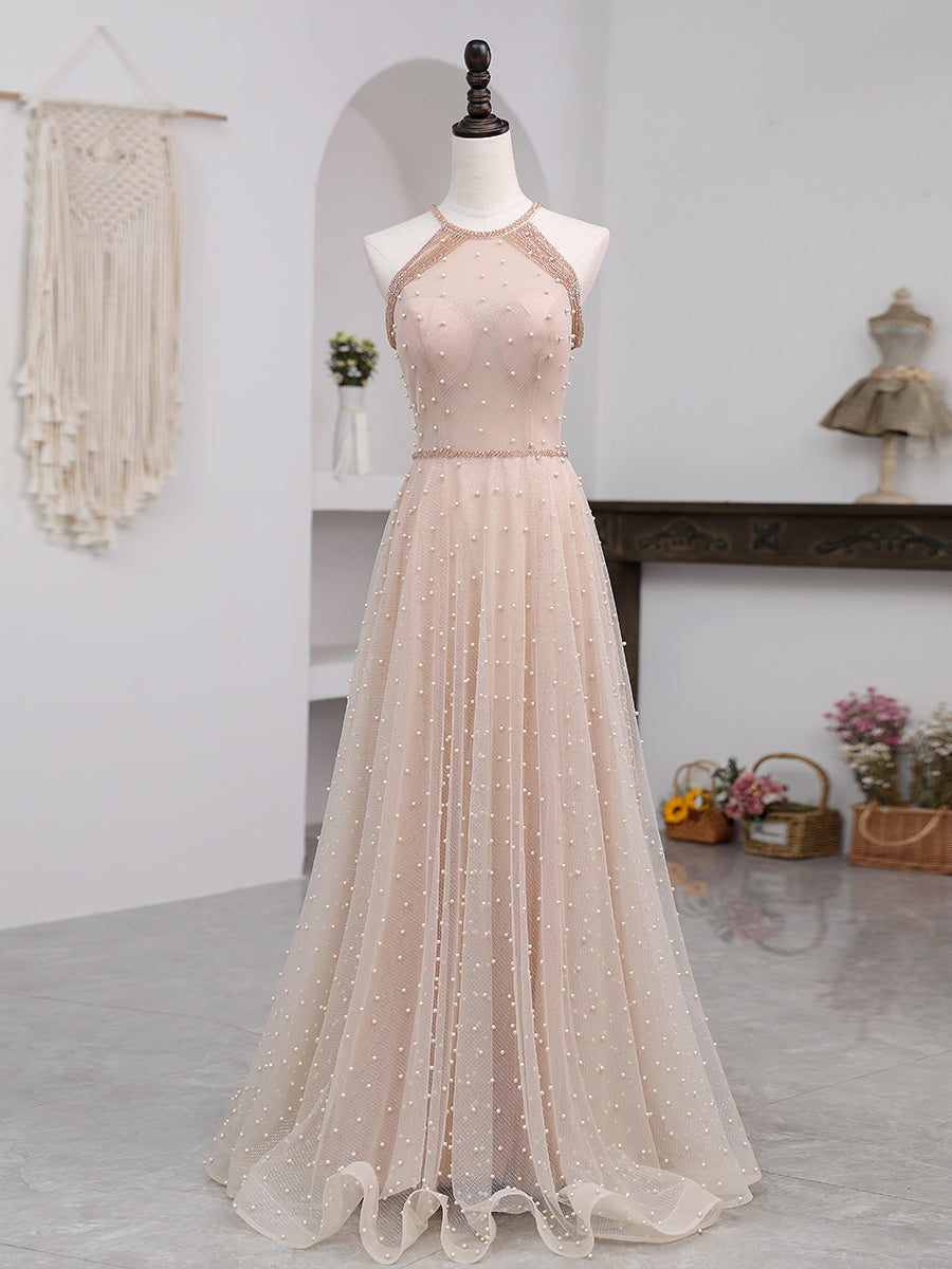 Champagne Pink Long Prom Dress, A Line Tulle Formal Dress Graduation Dresses