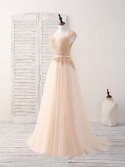 Champagne Round Neck Tulle Lace Applique Long Prom Dress