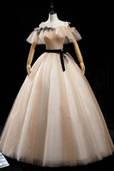 Champagne Shiny Tulle Floor Length Prom Dress, Off the Shoulder Evening Dress