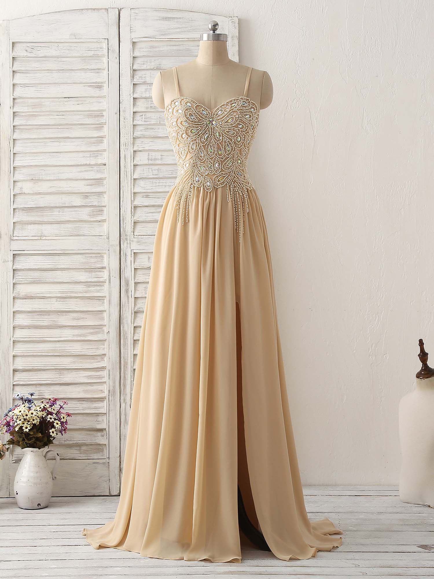 Champagne Sweetheart Neck Beads Long Prom Dress Evening Dress