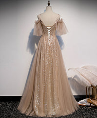 Champagne Sweetheart Tulle Lace Long Prom Dress Tulle Formal Dress