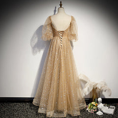 Champagne Tulle Chich Long Puffy Sleeves Party Dress Formal Dress, A-line Tulle Prom Dress