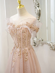 Champagne Tulle Lace A line Long Prom Dress, Lace Champagne Evening Dress