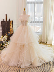 Champagne Tulle Lace Long Wedding Dress, Lace Tulle Wedding Gown