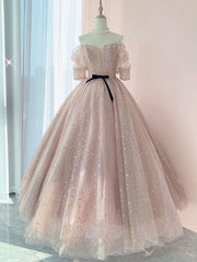 Champagne tulle long prom dress, tulle long evening dress