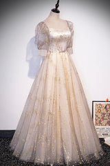 Champagne Tulle Sequins Long Prom Dress, Cute 1/2 Sleeve Party Dress