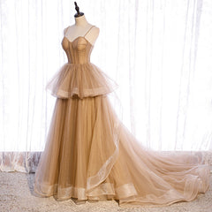 Champagne Tulle Sweetheart Straps Long Ball Gown Prom Dresses, Champagne Party Dresses