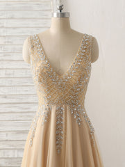 Champagne V Neck Beads Long Prom Dress Tulle Evening Dress