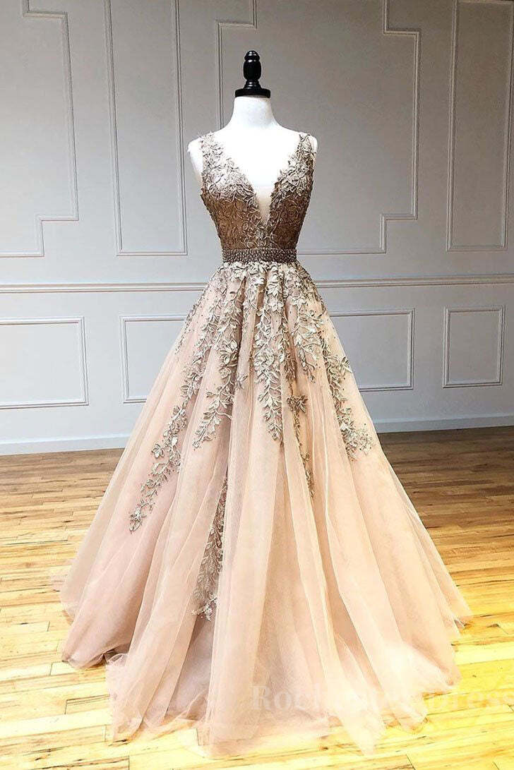 Champagne v neck tulle lace beads long prom dress tulle formal dress