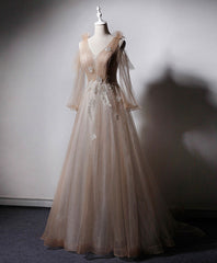 Champagne V Neck Tulle Lace Long Prom Dress, Champagne Formal Evening Dress