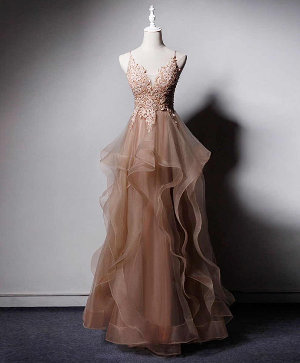 Champagne V Neck Tulle Lace Long Prom Dress, Champagne Graduation Dress