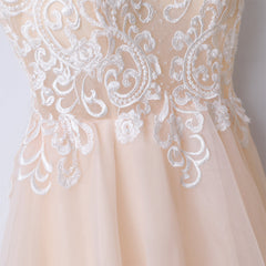 Champagne V Neck Tulle Long Prom Dress, Lace Evening Dress