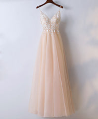 Champagne V Neck Tulle Long Prom Dress, Lace Evening Dress