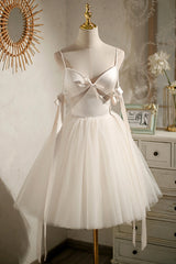 Champagne V-Neck Tulle Short Prom Dress, Spaghetti Straps Party Dress with Bow