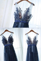 Charming Blue Lace Applique Prom Dress, A-line Blue Bridesmaid Dress