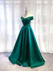 Charming Dark Green Satin Long Junior Prom Dress, Off Shoulder Evening Gown