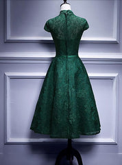 Charming Dark Green Tea Length High Neckline Party Dress, Wedding Party Dress