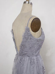 Charming Grey Lace Evening Party Dress , High Quality Formal Gown