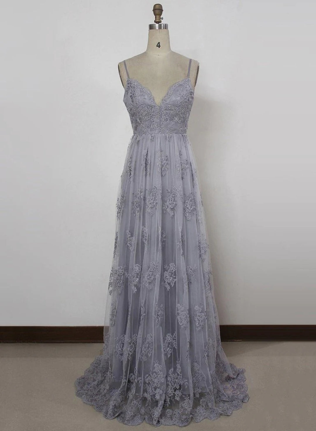 Charming Grey Lace Evening Party Dress , High Quality Formal Gown