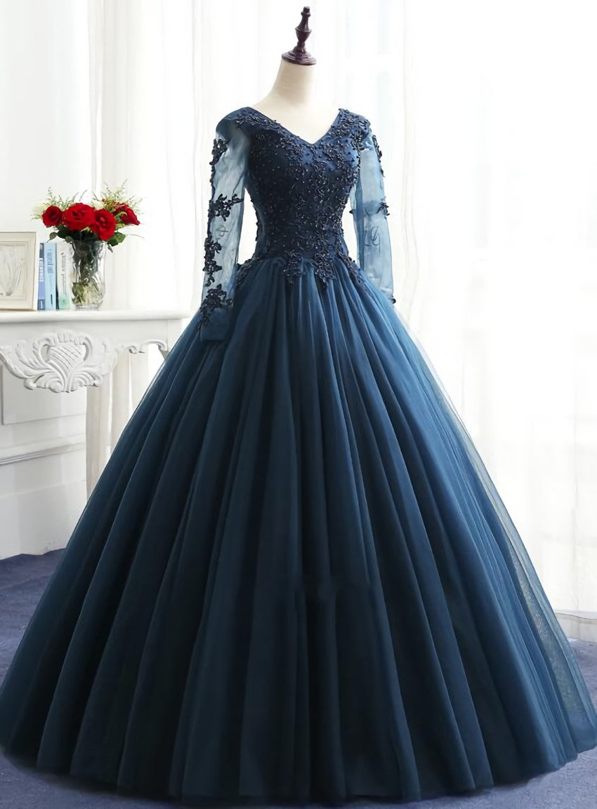 Charming Long Sleeves Navy Blue Tulle Party Gown, Navy Blue Prom Dress