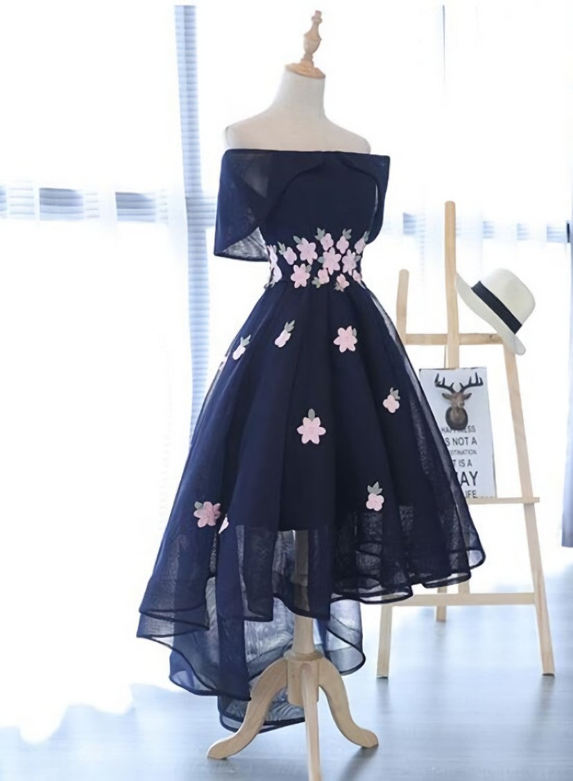 Charming Navy Blue Tulle Party Dress with Flowers, Cute Prom Dress