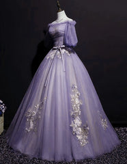 Charming Purple Short Sleeves Tulle Puffy Long Formal Dress, Lovely Evening Dress Party Dress