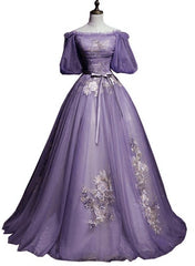 Charming Purple Short Sleeves Tulle Puffy Long Formal Dress, Lovely Evening Dress Party Dress