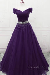 Charming Sequins Off Shoulder Dark Purple Long Prom Dress, Off the Shoulder Dark Purple Formal Evening Dress