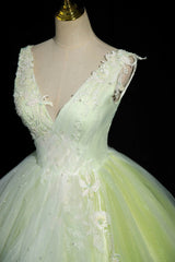 Charming Tulle Lace Green Prom Dresses, V-Neck Sleeveless Floor-Length Formal Evening Dresses