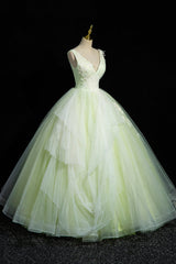 Charming Tulle Lace Green Prom Dresses, V-Neck Sleeveless Floor-Length Formal Evening Dresses