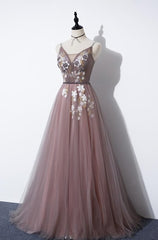 Charming V-neckline Flowers Dark Pink Prom Gown, Long Formal Dress