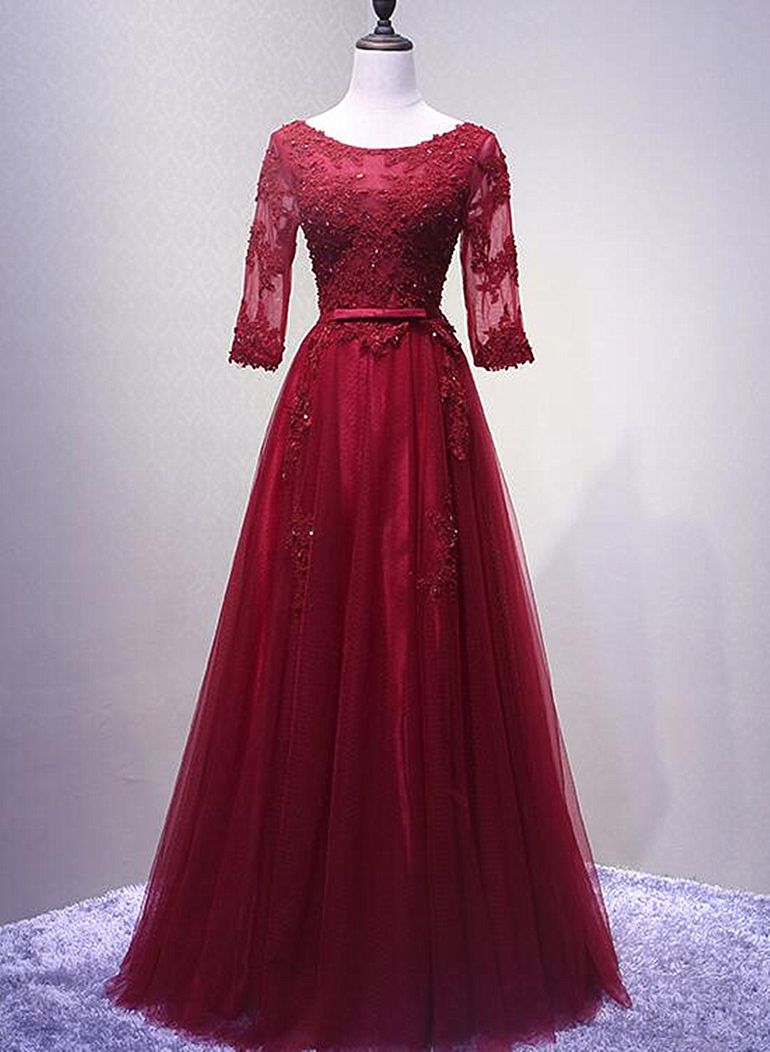 Charming Wine Red Short Sleeves Lace Applique Wedding Party Dress, Formal Gown