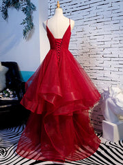 Charming Wine Red Straps Sweetehart Layers Tulle Prom Dress, Long Party Dress