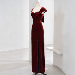 Charming Wine Red Velvet Cap Sleeves Long Party Dress, Wedding Party Dresses