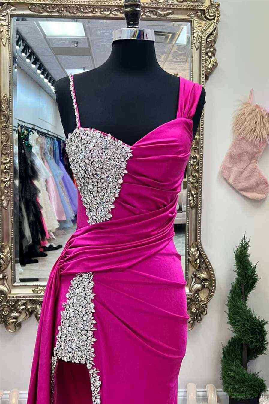 Chic Asymmetrical Fuchsia Beaded Long Prom Dress,Green Dinner Dresses