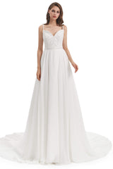 Chiffon Lace Spaghetti Straps Beading Wedding Dresses