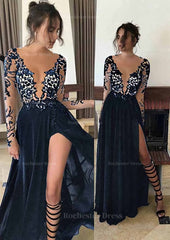 Chiffon Long Floor Length A Line Princess Full Long Sleeve Bateau Zipper Up At Side Prom Dress With Appliqued