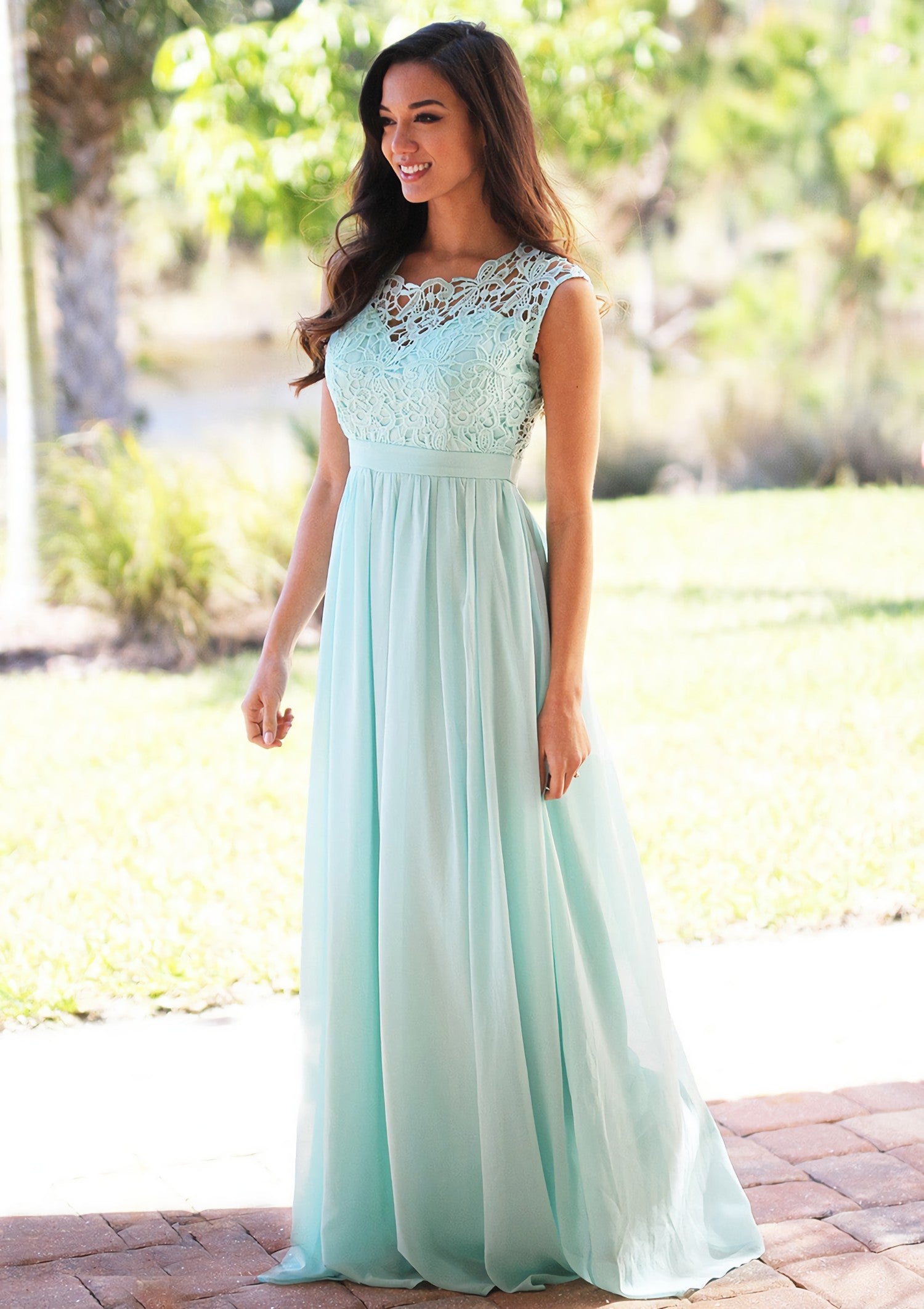 Chiffon Long Floor Length A Line Princess Sleeveless Bateau Zipper Prom Dress With Appliqued