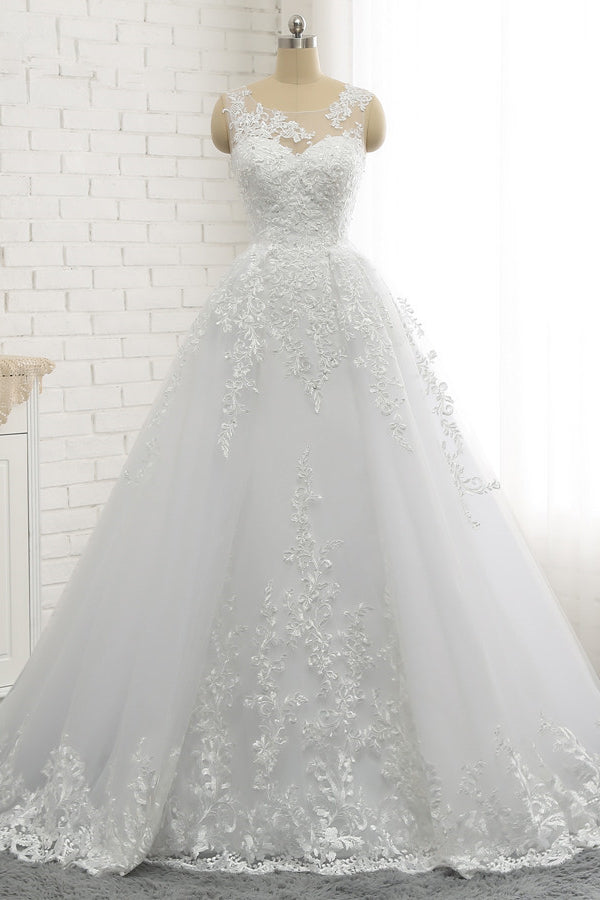 Classic Round neck Lace appliques White Princess Wedding Dress